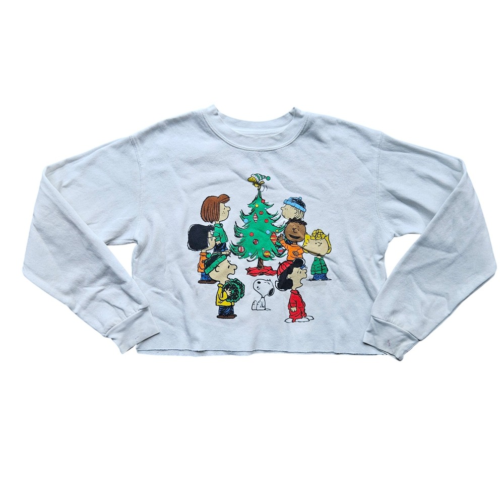 Peanuts Christmas Snoopy Charlie Brown Cropped White Sweatshirt Womens Medium